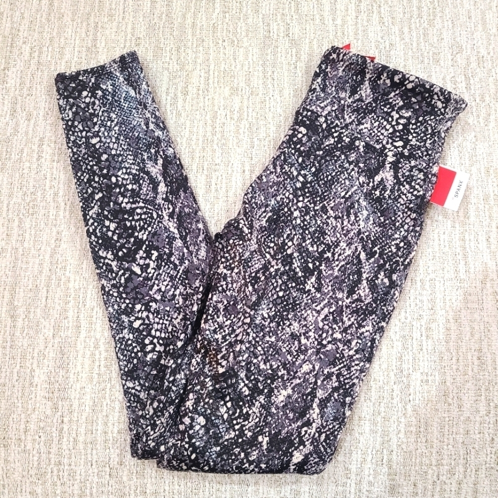 NEW Spanx Faux Leather Snake Skin Shine Leggings Womens Medium Stretch Gray Blk